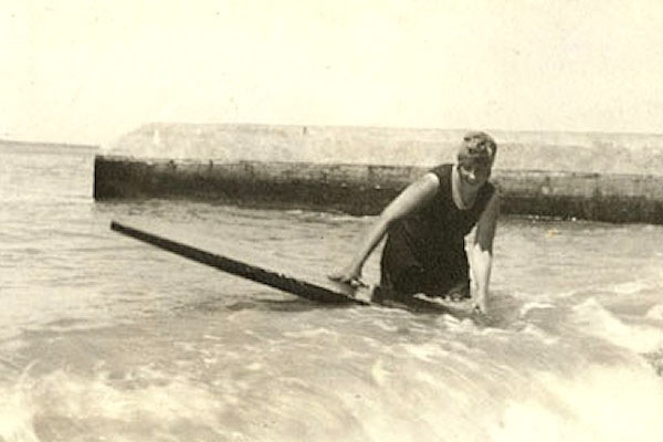 Agatha Christie on a surf board